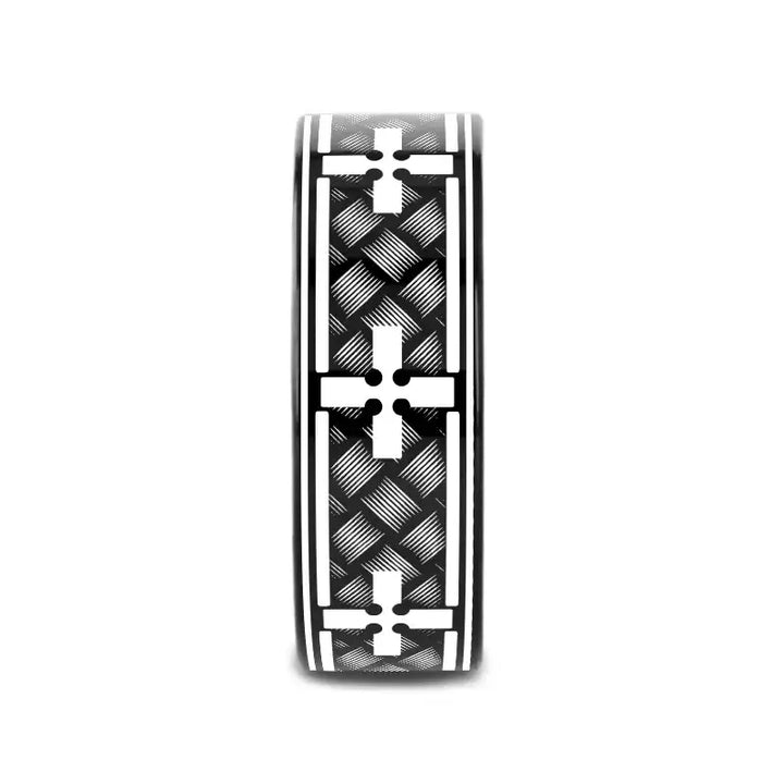 WOVEN CROSSES on Black Flat Tungsten Carbide Ring - Larson Jewelers