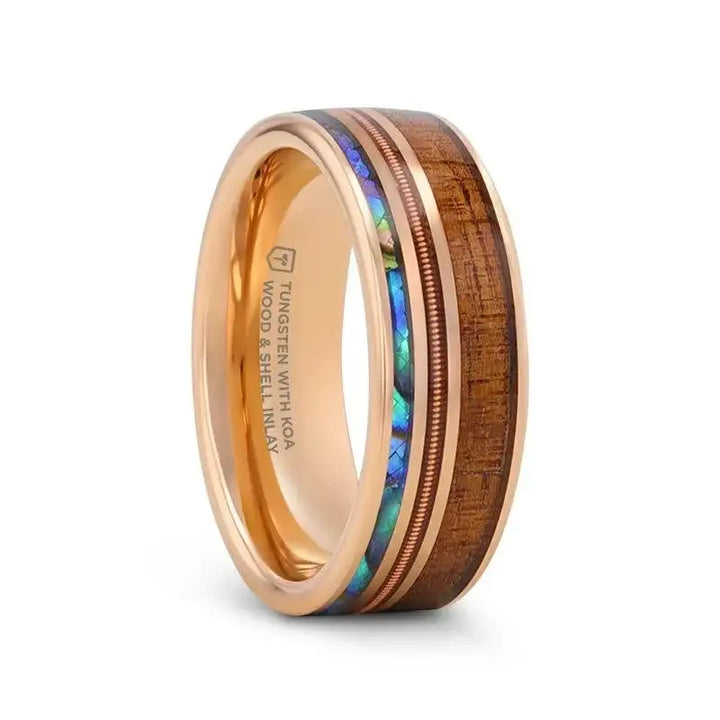 Side view of the MOANA smoked rose gold tungsten ring featuring Hawaiian koa wood, abalone shell, and a guitar‑string inlay, 8mm width