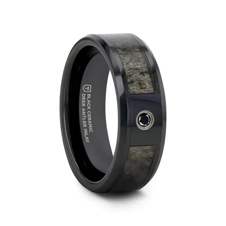 MONTANA Black Ceramic Ombre Deer Antler Inlay Polished Beveled Edges with Black Diamond - 8mm - Larson Jewelers