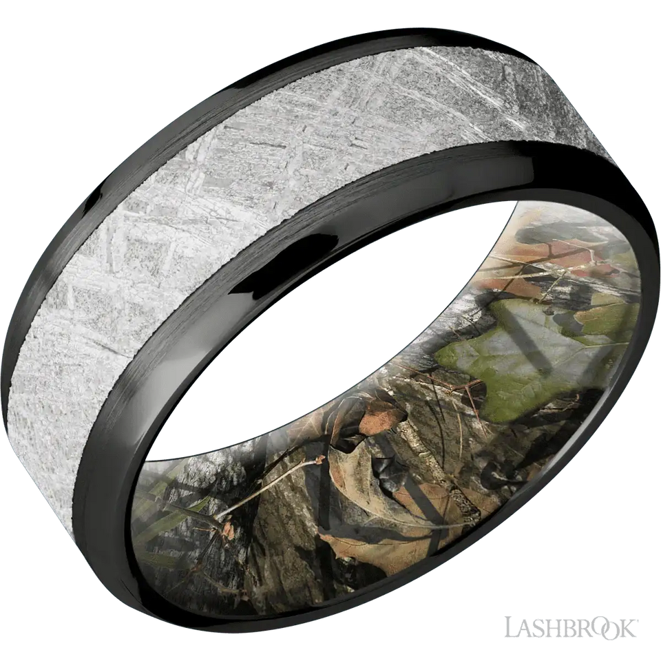 Zirconium with Satin , Polish Finish and Meteorite Inlay and MossyOak Obsession - 8MM - Larson Jewelers