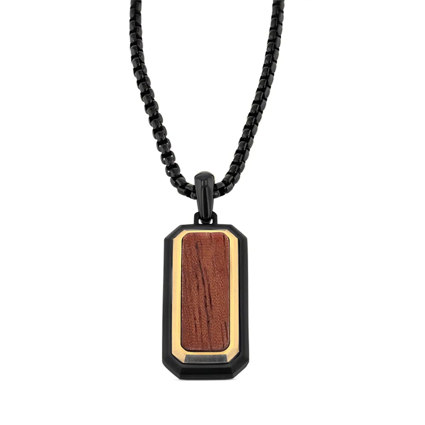Black stainless steel rectangular pendant with reddish-brown bubinga wood inlay and gold-tone accent on a matching black chain, front view.