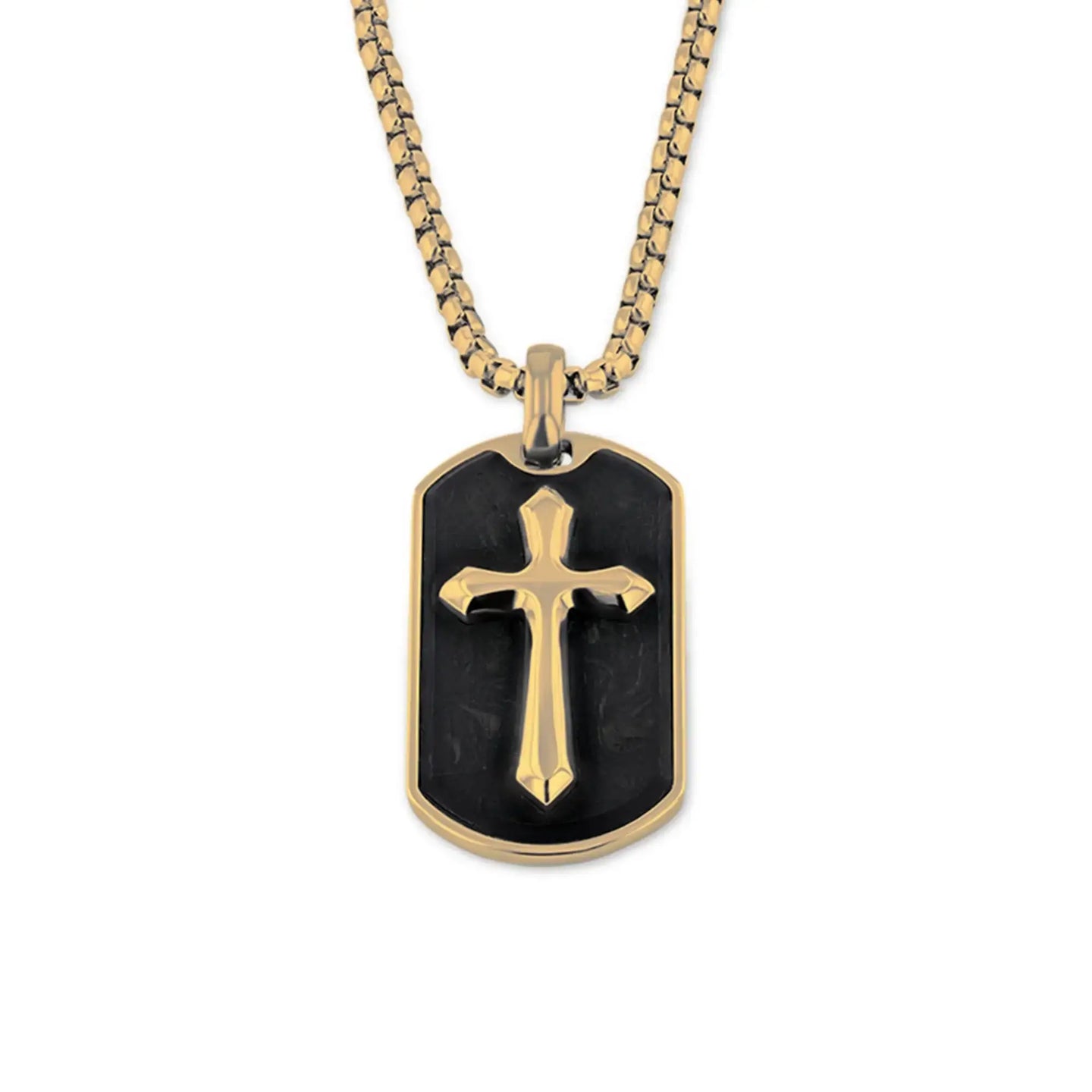 Gold-tone stainless steel dog tag pendant with raised cross emblem over a black forged carbon fiber inlay on a matching chain, front view.