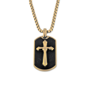 Gold-tone stainless steel dog tag pendant with raised cross emblem over a black forged carbon fiber inlay on a matching chain, front view.