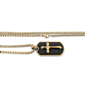 Gold-tone stainless steel cross dog tag pendant with black forged carbon fiber inlay shown with 22-inch matching chain laid flat, side view.
