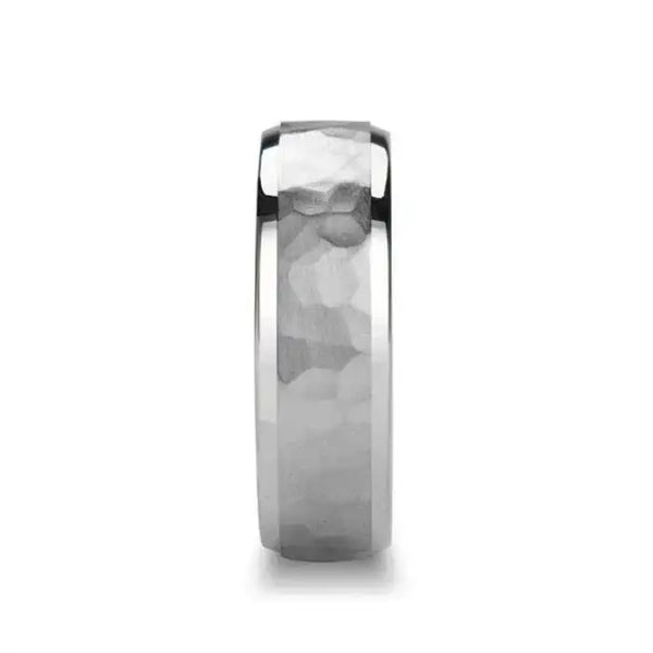 Hammered Finish Center 18K White Gold Wedding Ring with Beveled Edges by Novell - 4mm - 10mm - Larson Jewelers