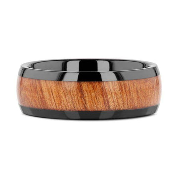 Side profile of the 8mm black ceramic ring highlighting the domed Carpathian elm wood inlay and glossy black ceramic edges