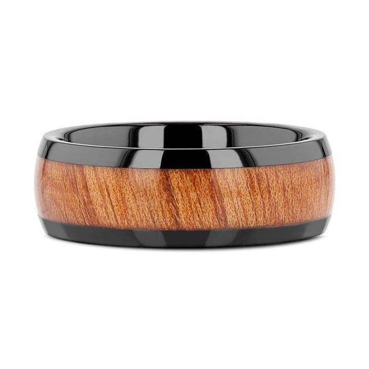 Side profile of the 8mm black ceramic ring highlighting the domed Carpathian elm wood inlay and glossy black ceramic edges