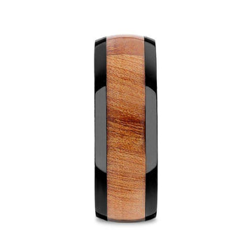 Front view of the 8mm black ceramic ring showing the domed elm wood inlay and polished black edges