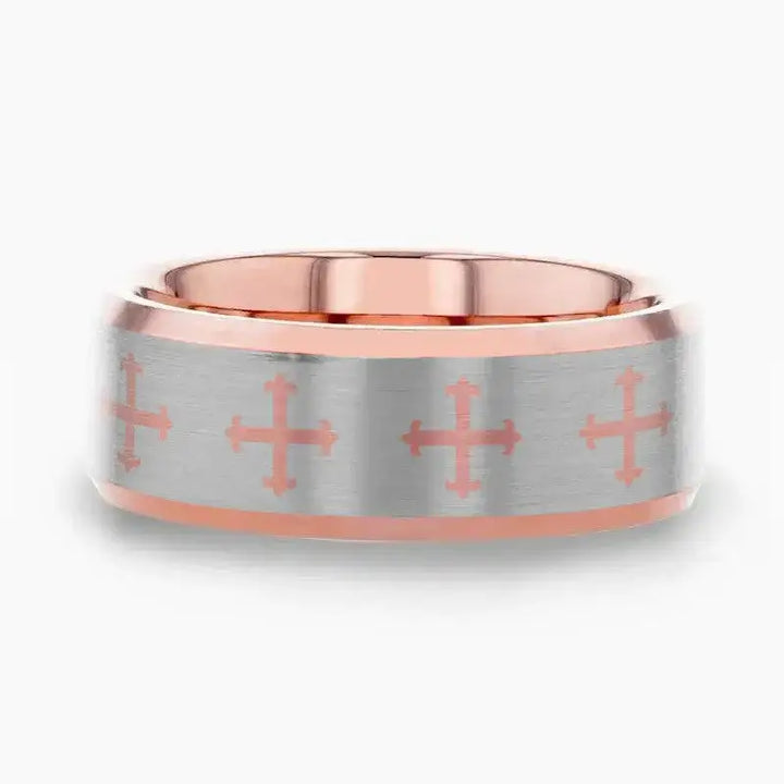 FLEUR CROSS on Flat Rose Gold Plated Tungsten Carbide Ring with Beveled Edges - Larson Jewelers