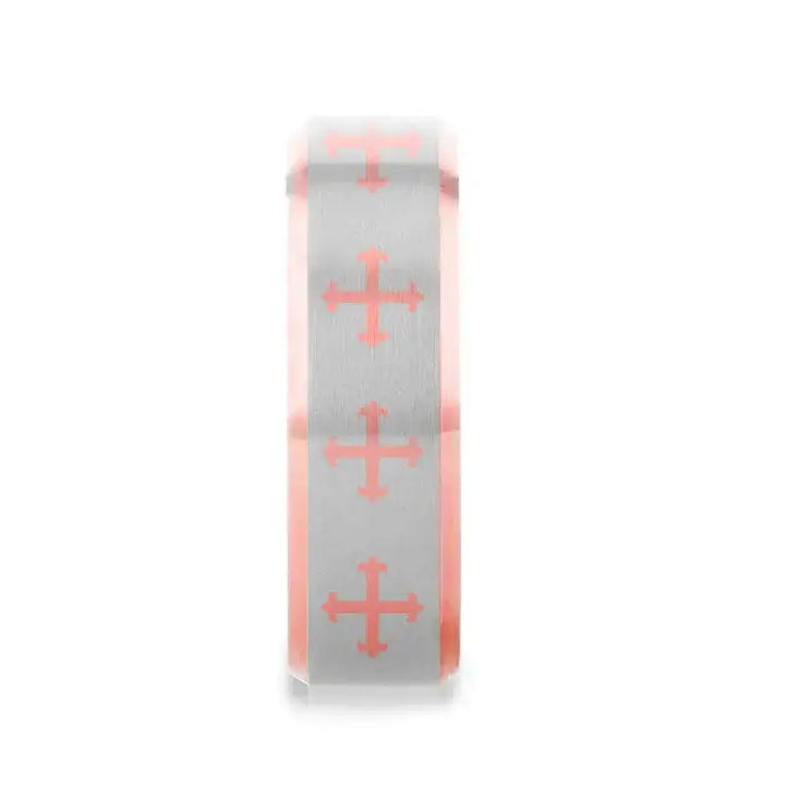 FLEUR CROSS on Flat Rose Gold Plated Tungsten Carbide Ring with Beveled Edges - Larson Jewelers
