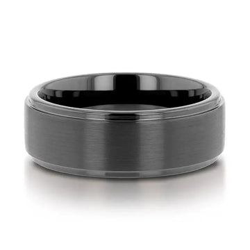 ORION Flat Black Tungsten Ring with Brushed Raised Center & Polished Step Edges - 6mm - 8mm - Larson Jewelers