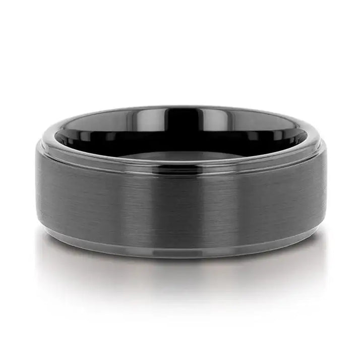 ORION Flat Black Tungsten Ring with Brushed Raised Center & Polished Step Edges - 6mm - 8mm - Larson Jewelers
