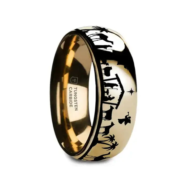NATIVITY SCENE on Domed Gold Plated Tungsten Carbide Ring - Larson Jewelers
