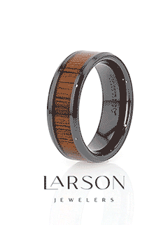ACACIA Koa Wood Inlaid Black Ceramic Ring with Bevels - 4mm - 12mm