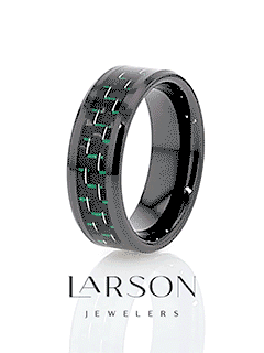 ATILUS Beveled Black Ceramic Wedding Band with Black & Green Carbon Fiber - 8mm