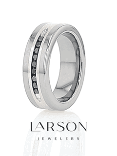 BLACKSTONE Flat Tungsten Wedding Band with Brushed Silver Inlay Center and 9 Channel Set Black Diamonds - 8mm