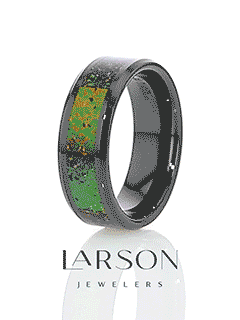 GALACTIC Black Ceramic Wedding Band with Beveled Edges and Blue & Orange Opal Inlay - 8mm