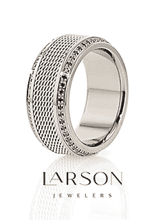 GAUNTLET Steel Chain Titanium Wedding Ring Polished Beveled Edges Set with Round Black Diamonds - 10mm