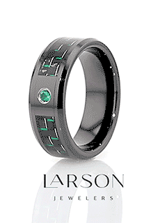 HADAR Black Ceramic Ring with Black and Green Carbon Fiber and Green Emerald Setting - 8mm