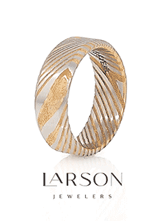JOFFREY Gold Color Damascus Steel Brushed Beveled Men’s Wedding Band with Repeating Artisan Pattern - 6mm & 8mm