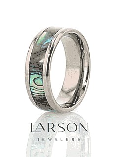 KAUI Titanium Polished Finish Mother Of Pearl Inlaid Men’s Beveled Wedding Band - 6mm & 8mm