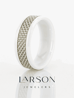 KENYON Beveled Polished White Ceramic Wedding Band with White Carbon Fiber Inlay – 8mm