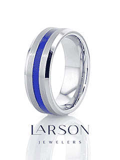 LAWSON Men’s Beveled Edges White Tungsten Brushed Finish Wedding Ring with Blue Stripe - 8mm
