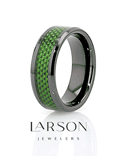 MATLAL Beveled Black Ceramic Ring with Emerald Green Carbon Fiber Inlay - 8mm