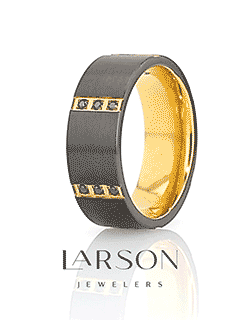 MURAMASA Flat Brushed Black Titanium Ring Gold Plated Inside with 6 Gold Plated Stainless Steel Bezels Triple Black Diamond Setting - 8mm