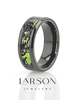 NIGHTFALL Realistic Tree Camo Black Ceramic Wedding Band with Green Leaves - 8mm