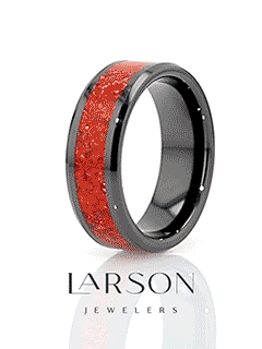 NOVA Black Ceramic Wedding Band with Beveled Edges and Red Opal Inlay - 4mm - 8mm