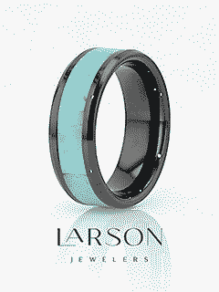PIETRO Men’s Polished Black Ceramic Wedding Band with Light Blue Turquoise Stone Inlay & Polished Beveled Edges - 8mm