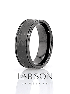 REVENANT Hammered Finish Center Black Ceramic Wedding Band with Dual Offset Grooves and Polished Edges - 6mm or 8mm