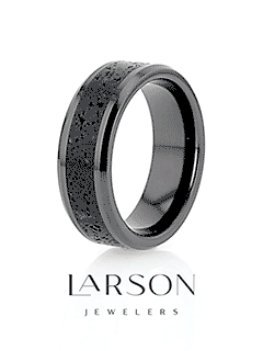 VESUVIUS Men’s Polished Black Ceramic Wedding Band with Black & Gray Lava Rock Stone Inlay & Polished Beveled Edges - 6mm & 8mm
