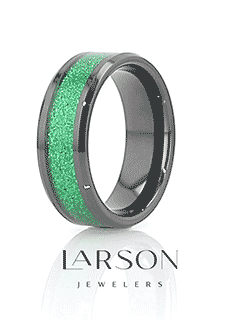 WAIKIKI Black Ceramic Polished Beveled Edges Sparkling Green Inlay Men’s Wedding Band - 8mm