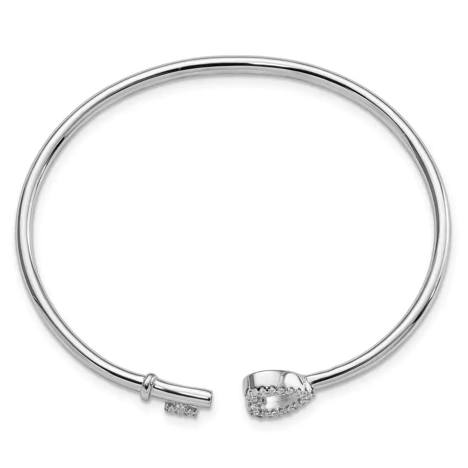 Sterling Silver Rhodium-plated CZ Heart and Key Flexible Bangle - Larson Jewelers