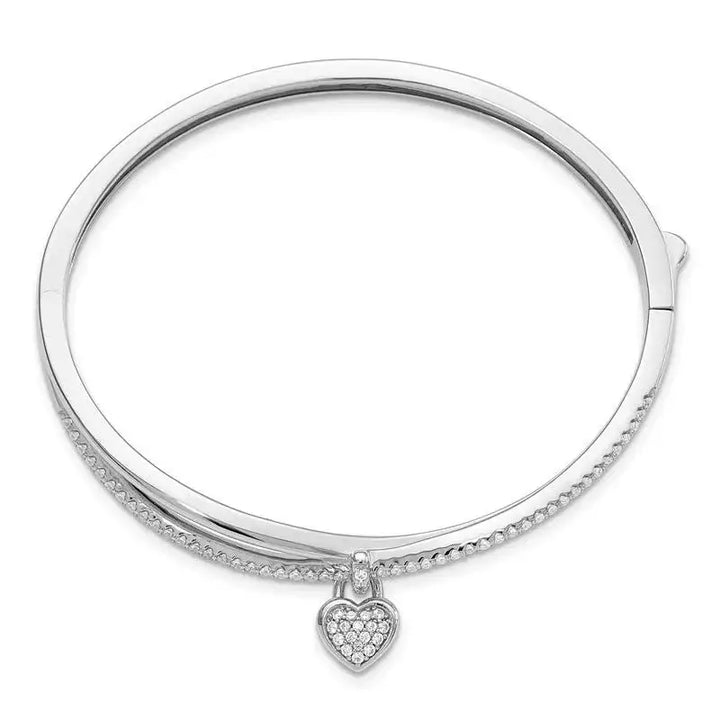 Sterling Silver Rhodium-plated CZ Heart Dangle Hinged Bangle - Larson Jewelers