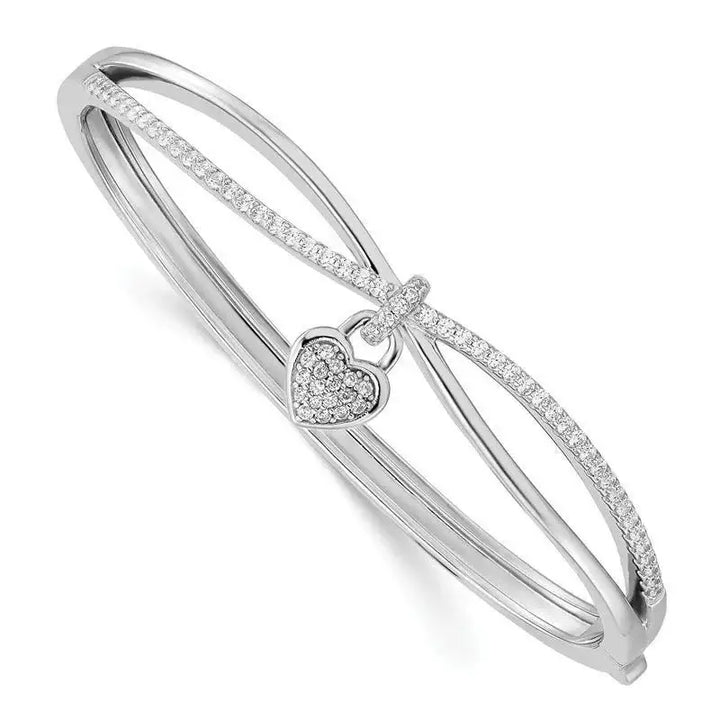Sterling Silver Rhodium-plated CZ Heart Dangle Hinged Bangle - Larson Jewelers