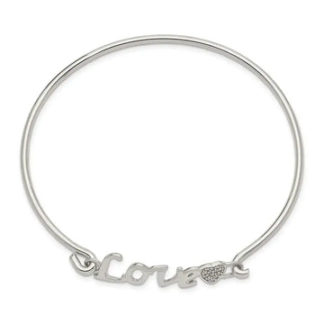 Sterling Silver Rhodium-plated Polished LOVE with CZ Heart Bangle - Larson Jewelers