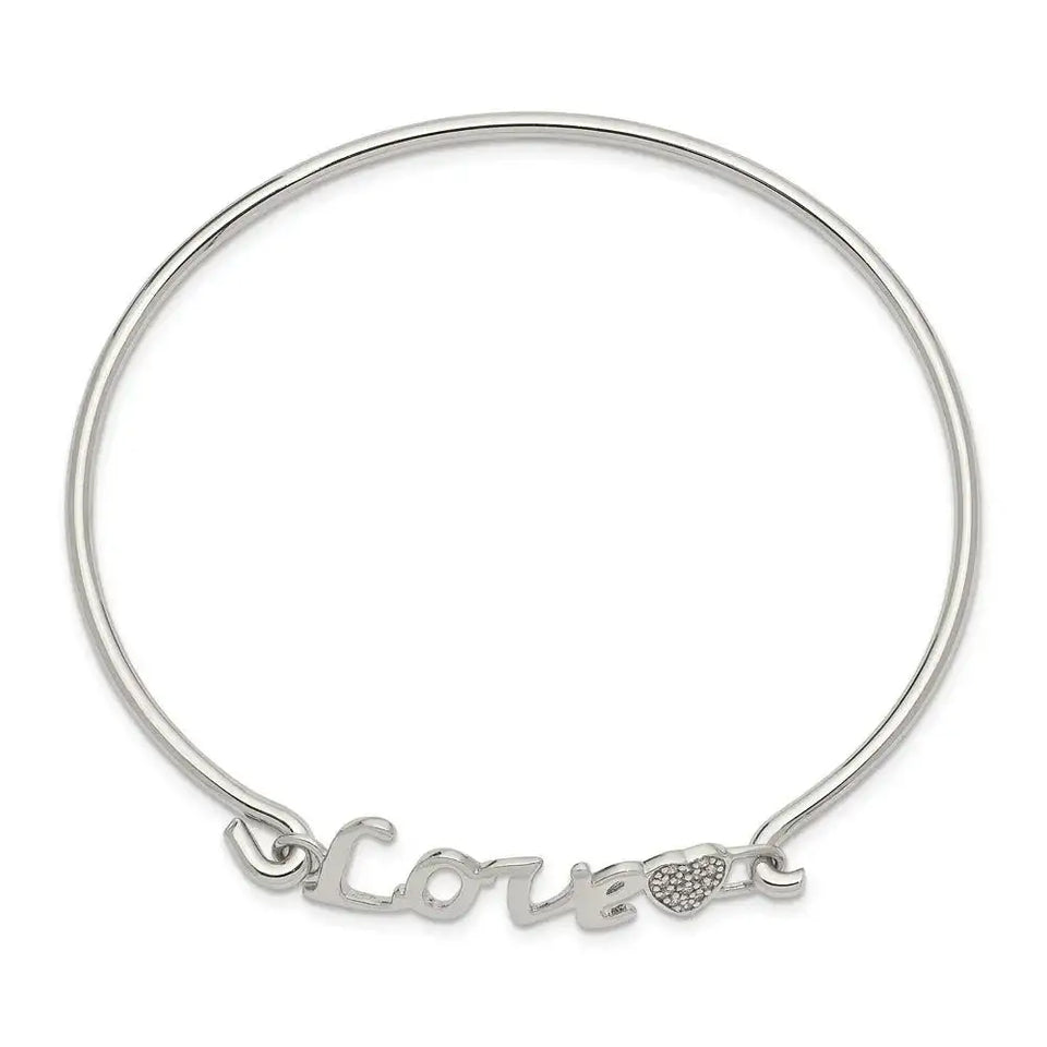 Sterling Silver Rhodium-plated Polished LOVE with CZ Heart Bangle - Larson Jewelers