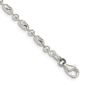 Sterling Silver 3mm Polished and Textured Fancy Beaded Chain Anklet - Larson Jewelers