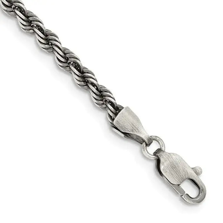 Sterling Silver Ruthenium-plated 3mm Rope Chain Bracelet - Larson Jewelers