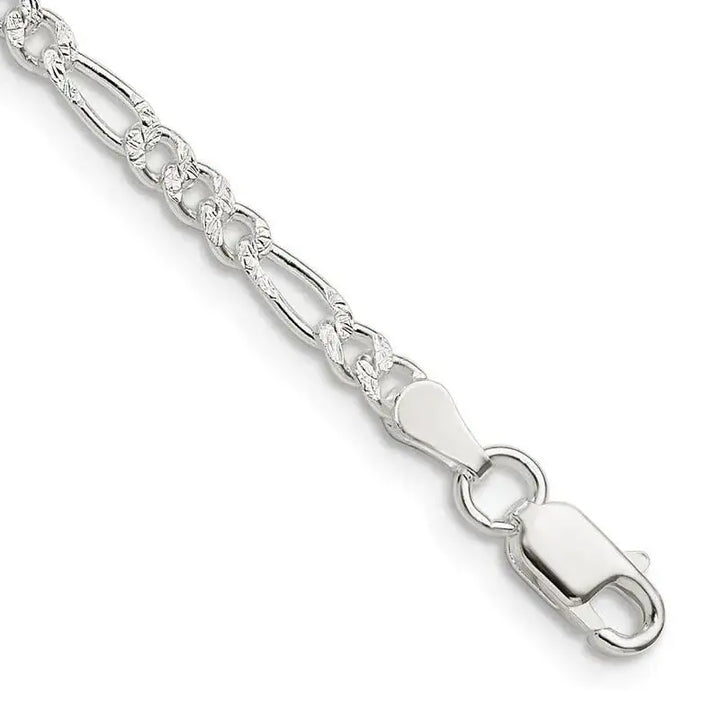 Sterling Silver 3mm Pav‚ Flat Figaro Chain Bracelet - Larson Jewelers