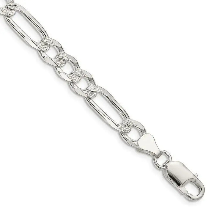 Sterling Silver 7mm Pav‚ Flat Figaro Chain Bracelet - Larson Jewelers
