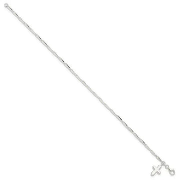 Sterling Silver 10 in Solid Polished Cross on Fancy Link Anklet - Larson Jewelers