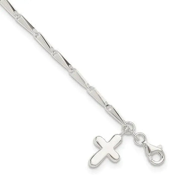 Sterling Silver 9 in Solid Polished Cross on Fancy Link Anklet - Larson Jewelers