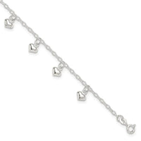 Sterling Silver 9inch Plus 1in Ext Polished Puffed Heart Anklet - Larson Jewelers