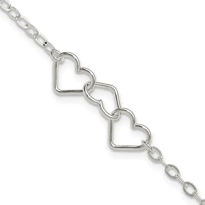 Sterling Silver 9inch Solid Polished Fancy Heart Link Anklet - Larson Jewelers