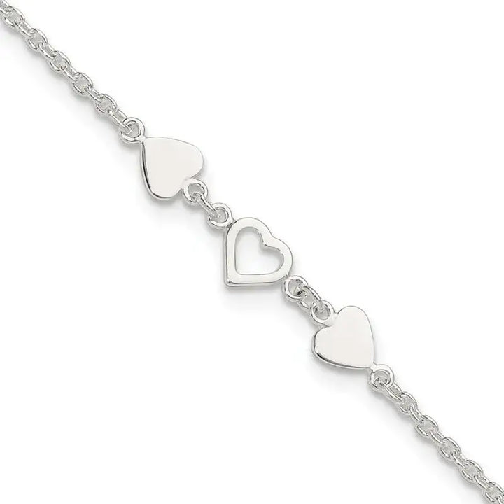 Sterling Silver 8 inch Plus 1in ext.Heart Link Anklet - Larson Jewelers