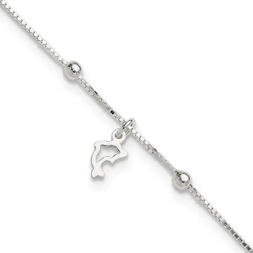 Sterling Silver Box Chain 9in Plus 1in Dolphin Anklet - Larson Jewelers